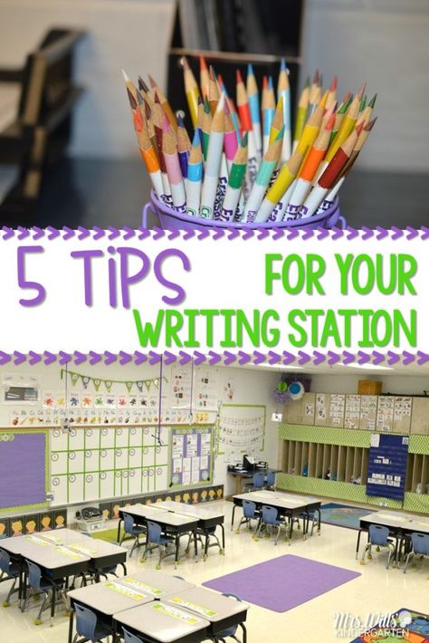 Tips for your writing station: It's important to me to set my writing center up for success! These 5 tips are perfect for kindergarten and primary grades. Writing Station Kindergarten, Kindergarten Writing Center, Kindergarten Stations, Writing Center Ideas, Centers In Kindergarten, Writing Center Kindergarten, Vocabulary Ideas, Writing Center Activities, Kindergarten Classroom Management