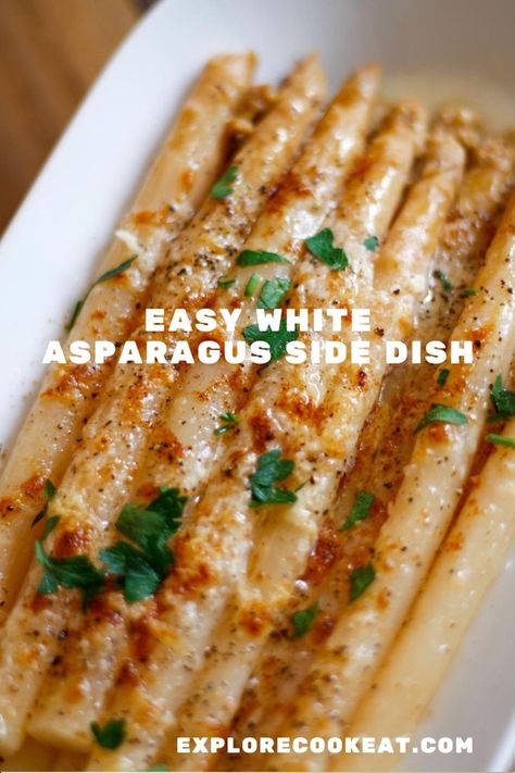 A white dish containing white asparagus with seasonings, melted cheese, and Italian parsley. Asparagus Side Dish Recipes, White Asparagus Recipes, Asparagus Side, Asparagus Side Dish, Asparagus Recipes, White Asparagus, Asparagus Recipe, Head Over Heels, Yummy Sides