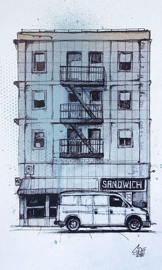 Amazing Street Art Project by Graffmatt Nyc Buildings Drawing, Graffiti Building Drawing, Street View Drawing, Urban Drawing, Nyc Projects, New York Buildings, Aquarelle Painting, City Sketch, Architectural Sketches