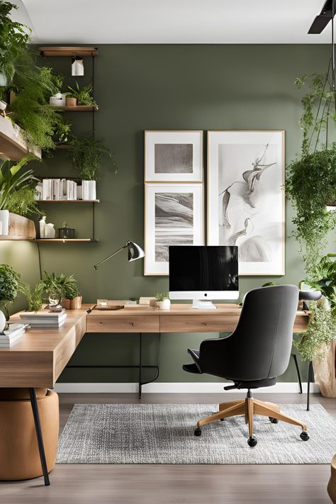 Office Space Wall Decor, Office Aesthetic Green, Work From Home Room Setup, Work From Home Office For Two, Green Office Room Ideas, Inspiring Office Decor, Work Room Ideas Home, Olive Office Walls, Good Office Plants