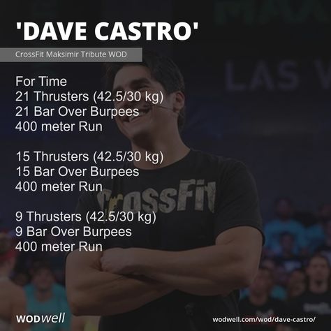 "Dave Castro" Workout, | WODwell - For Time; 21 Thrusters (42.5/30 kg); 21 Bar Over Burpees; 400 meter Run; 15 Thrusters (42.5/30 kg); 15 Bar Over Burpees; 400 meter Run; 9 Thrusters (42.5/30 kg); 9 Bar Over Burpees; 400 meter Run 21 15 9 Crossfit Workout, Thrusters Workout, Wod Workouts, Wods Crossfit, Burpee Workout, Crossfit Workouts Wod, Crossfit Men, Crossfit Kids, Fighter Workout