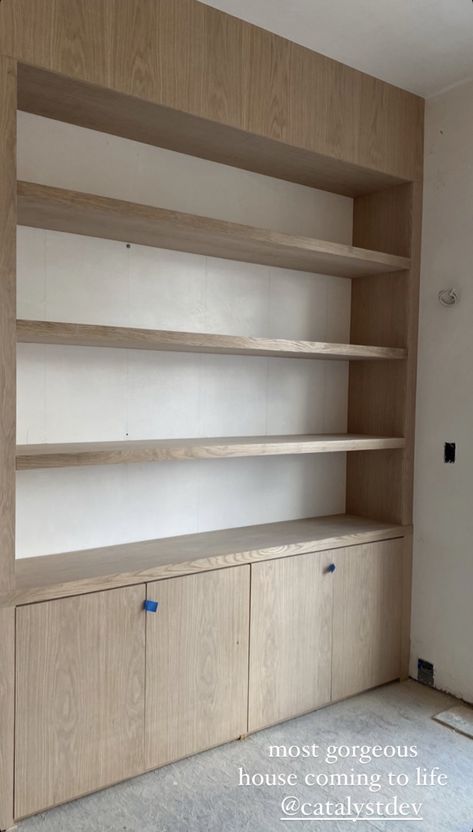 White Oak Built In Cabinet, White And Wood Built Ins, White Oak Bookcase, Built In Storage Wall Living Room, White Oak Bookshelf, Mcm Built In Bookcase, Built In Bookshelves Next To Fireplace, Built In Retail Shelving, Oak Built In Bookshelves