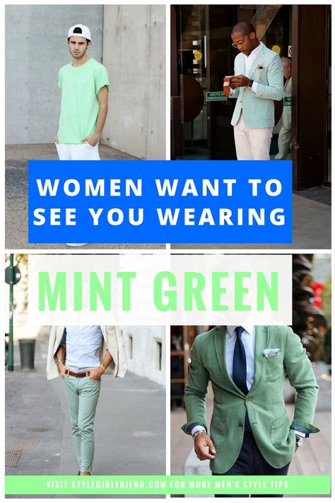 Learn how to wear mint green at stylegirlfriend.com | how to wear more color, how to wear more color outfit, how to style with color, how to add color to your wardrobe, mens colorful fashion, changing your wardrobe, changing your wardrobe how to, how to dress colors, mint green outfit, mint green outfit ideas, how to wear mint, how to wear mint green, mint green for men, how to wear light green in fall, how to wear ming green in the fall, what to wear with light green Mint Green Shirt Outfit Men, Light Green Pants Outfit Men, Light Green Shirt Outfit Men, Mint Green Jacket Outfit, Green Chino Outfit Men, Mint Pants Outfit, Green Shirt Outfits, Mint Green Outfits, Chinos Men Outfit