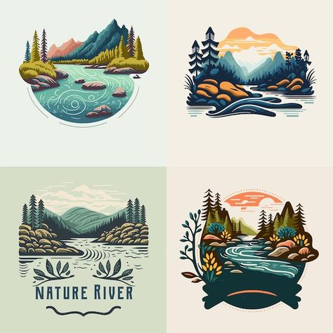 Nature Logo Inspiration, Pine Logo, Musician Logo, Valley Logo, Logo Inspiration Nature, Illustrative Logo, Nature Logos, Painted Suitcase, River Logo