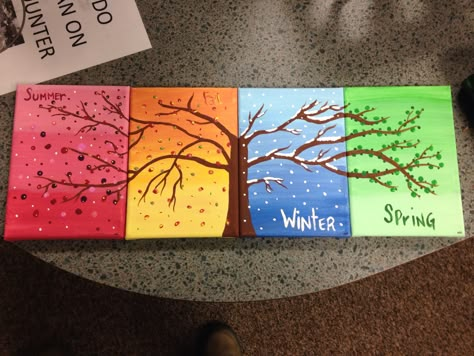 4 Season Painting Canvases, Painting 4 Seasons, Four Season Canvas Paintings, Canvas Painting Butterfly, 4 Seasons Painting, 4 Season Tree, 4 Seasons Art, Four Seasons Painting Easy, Tree Four Seasons Art