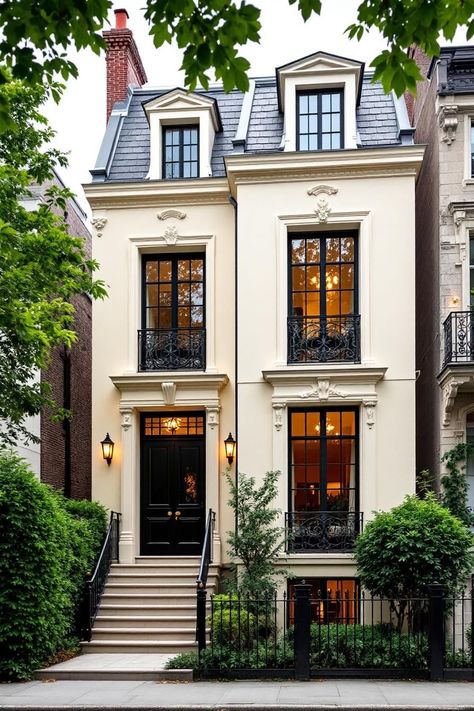 French Home Exterior, French Townhouse, Modern French Home, Small Townhouse, French Colonial Style, Windows Modern, Mini Hotel, Parisian Architecture, Classical House