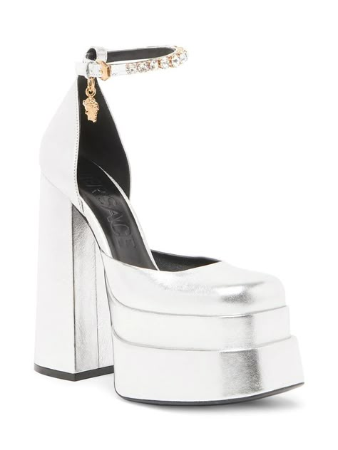 Versace Pumps, Silver Platform Heels, Versace Heels, Dr Shoes, Preppy Shoes, Shoes Heels Classy, Fashion Shoes Heels, White High Heels, Versace Shoes