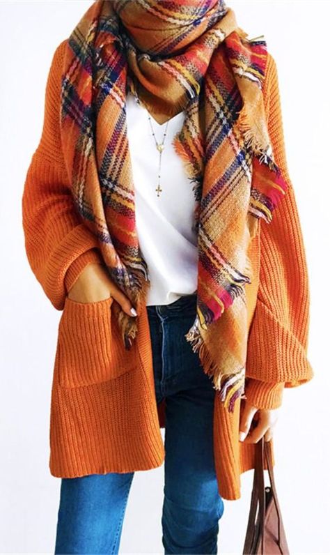 7bb060764a818184ebb1cc0d43d382aadesc40975321ri Orange Cardigan Outfit, Plaid Shawl, Orange Cardigan, Orange Scarf, Orange Sweater, Mode Boho, Cardigan Outfits, Fall Clothes, Ladies Dress Design