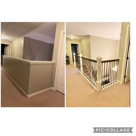 Removed half wall on catwalk with a custom railing Half Wall Staircase Remodel, Railing To Half Wall, Half Wall For Staircase, Half Wall To Basement Stairs, Split Foyer Railing Ideas, Upstairs Half Wall Ideas, Half Wall To Banister, Loft With Half Wall, Staircase Wall Removal