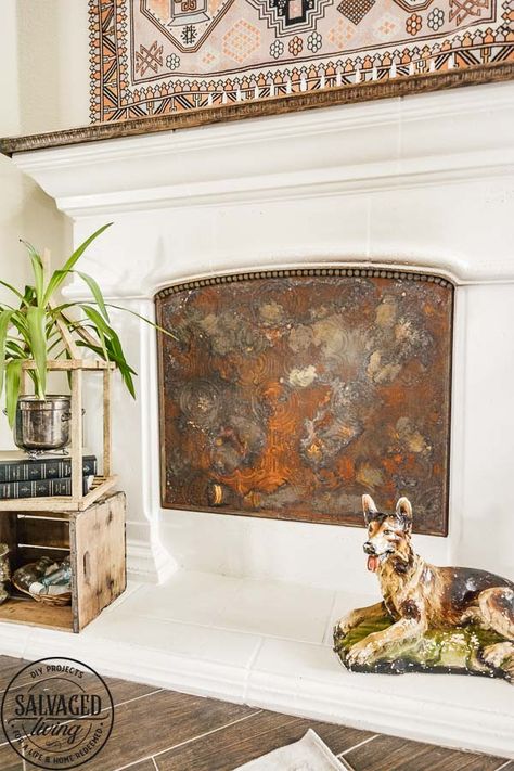 Learn how to make a custom fireplace insert to cover your fireplace opening when you aren't using it for fire. I will show you how to make almost any surface rusty for a vintage fireplace insert that is custom fit to your hearth. This stunning DIY decor project looks so high end and vintage, you will love it. #modernmasters #modernmastersmetaleffects #metaleffects #fireplacedecor #interiordecor #springrefresh #oxidizedfinish #sponsored Rust Fireplace, Diy Fireplace Cover, Fireplace Cover Up, Make A Fireplace, Diy Fireplace Mantle, Faux Fireplace Mantels, Faux Fireplace Diy, Fireplace Cover, Wooden Fireplace