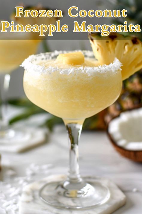 The Frozen Coconut Pineapple Margarita is a refreshing tropical cocktail that blends the creamy sweetness of pina colada mix with the sharpness of tequila and the tangy flavor of pineapple juice, all served over a generous amount of crushed ice. Pina Colada Mix, Frozen Pina Colada, Coconut Margarita, Pineapple Margarita, Frozen Margaritas, Tequila Drinks, Homemade Drinks, Pineapple Coconut, Tequila Cocktails