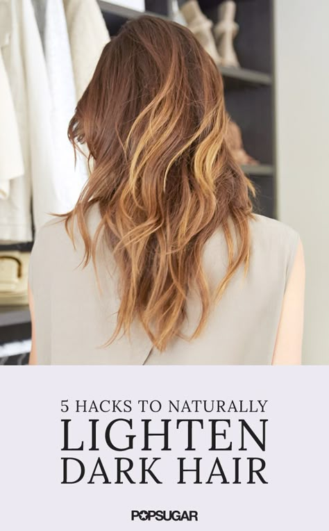 When temperatures begin to rise, I feel a pang of envy when seeing my blond-haired, beach-waved friends. these easy tricks will add some sun-kissed golden tones to your mane without the serious commitment of bleach. Some hacks include: lemon, chamomile and cinnamon. Lighten Brunette Hair, Lighten Dark Hair, Lightening Dark Hair, Lighten Hair Naturally, Hair Lightening, Lighten Hair, Hair Lightener, Find Your Style Fashion, How To Lighten Hair