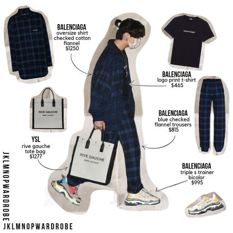 jungkook | bts | balenciaga | ysl | checked flannel | trousers | tote bag | triple s trainer bicolor | kpop |boy group | ootd | outfit Balenciaga Style Outfits, Jungkook Balenciaga Outfit, Jungkook Outfit Ideas, Jungkook's Outfits, Jungkook Style Outfit, Jungkook Balenciaga, Jungkook Outfit Inspired, Jungkook Inspired Outfits, Outfit Jungkook