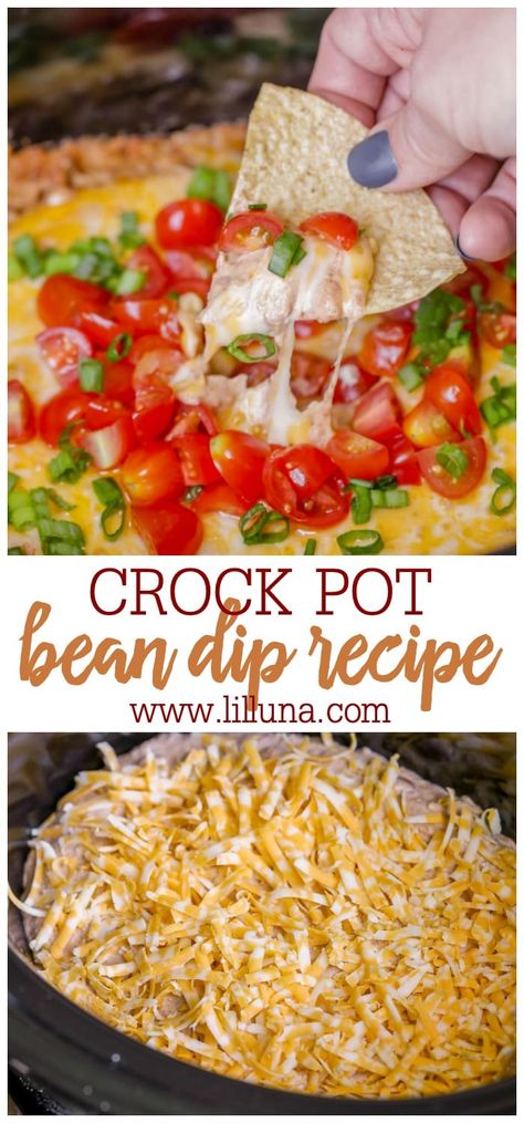 Crockpot Bean Dip, Crock Pot Bean Dip, Cream Cheese Bean Dip, Bean Cheese Dip, Bean Dip Recipe, Layered Bean Dip, Beans In Crockpot, Slow Cooker Beans, Bean Dip Recipes