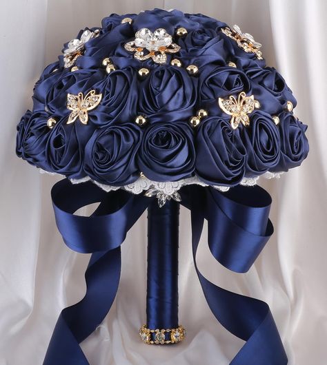 PRICES MAY VARY. Our bouquets have 4 sizes for different customer needs. They are, by diameter, 5.9", 7.1", 8.3" and 9.4". Recommend 5.9 inch mini bouquets for flower girls or toss use, 7.1 inch small bouquets for bridesmaids and 8.3 inch or 9.4 inch big bouquets for the bride Made of soft silky satin fabric cloth, crystal rhinestones, alloy and artificial gems and pearls, beautiful and sturdy; flower corolla decorated with vintage and quaint platinum/silver white jeweled brooches and baubles; h Blue Quinceanera Flowers, Navy Blue And Gold Quinceanera, Blue And Silver Decorations, Coraline Quinceanera Theme, Navy Blue Quince Bouquet, Royal Blue And Gold Bouquet Quinceanera, Royal Blue And Gold Flower Bouquet, Blue Quince Ramo, Dark Blue Quince Ramo