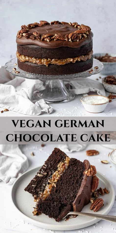 Vegan German chocolate cake - layers of moist, fluffy chocolate cake with a coconut, pecan caramel custard filling and rich chocolate ganache topping. This delicious cake is easy to make and perfect for birthdays and celebrations. Vegan German Chocolate Cake, Chocolate Ganache Topping, Deserturi Raw Vegan, Fluffy Chocolate Cake, Caramel Custard, Patisserie Vegan, Almond Shortbread, Vegan Baking Recipes, Vegan Chocolate Cake