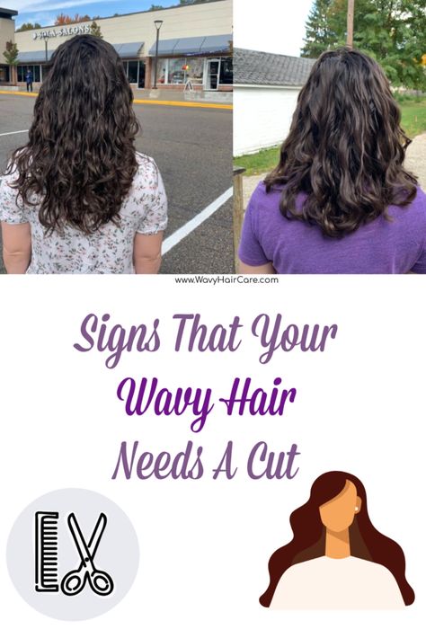 Signs That Your Wavy Hair Needs A Haircut You can see or feel split ends. Your hair has started tangling more than usual, especially at the ends, or in single-strand knots aka fairy knots. Your hair feels heavy, and may give you headaches if you wear it up. Your hair has gotten straighter or isn’t […] Defusing Wavy Hair, Wavy Hair Routine Without Products, Wavy Hair Tips How To Manage, Wavy Hair Routine With Diffuser, Wavy Hair Routine Without Diffuser, Big Wavy Hair, Hair Dusting, Deva Cut, Feels Heavy