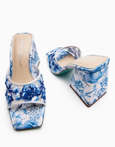 Betsy Johnson Roo Blue FLoral SHoes for $109 Romantic Wedding Heels, Blue Denim Heels, Blue And White Heels, Funky Heels, Jamaica Outfits, Interview Dress, Beaded Embellishments, Unique Heels, Floral Heels