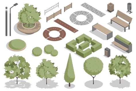 Modern Park Isometric Elements Site Analysis Architecture, Landscape Architecture Graphics, Isometric Map, House Outer Design, Building Aesthetic, Isometric Drawing, Architecture Concept Diagram, Interior Design Presentation, Architecture Collage