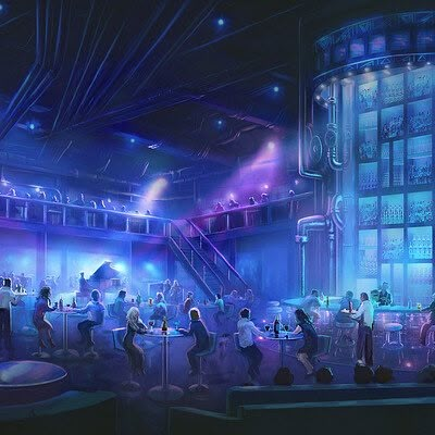 Sci Fi Nightclub, Dnd Futuristic, Bar Concept Art, Club Concept Art, Cyberpunk Nightclub, Scifi Bar, Sci Fi Bar, Cyberpunk Club, Anime Bar