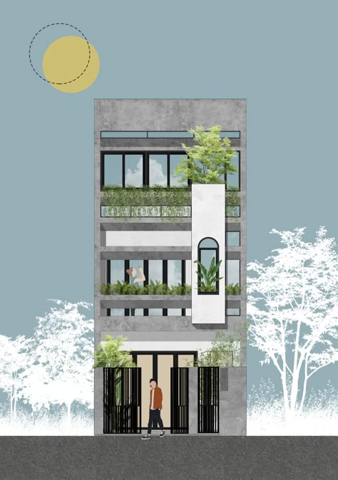 Collage Architecture, Narrow House Designs, Architecture Elevation, Facade Architecture Design, Architecture Presentation Board, Plans Architecture, Interior Design Presentation, Interior Design Sketches, Architectural Rendering