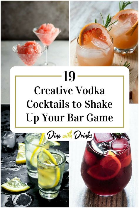 Collage of 4 vodka cocktails. Vodka Mixed Drinks Recipes Easy, Vodka Signature Drink Wedding Reception, Signature Vodka Cocktails, Vodka Bar Ideas Parties, Dive Bar Cocktails, Unique Vodka Cocktails, Vodka Signature Cocktail, Vodka Mixed Drinks Recipes, Tipsy Bartender Recipes