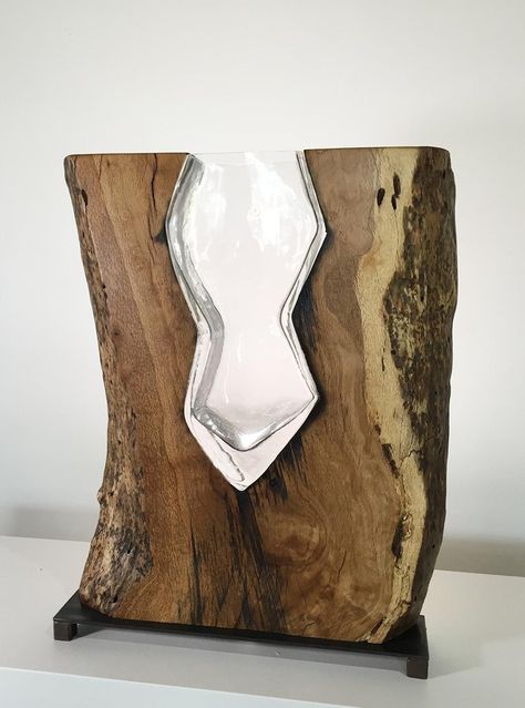 Scott Slagerman / Jim Fishman - Hand Blown Clear Glass Live Edge Wood Vase Sculpture Scott Slagerman 2018 Contemporary Vase Sculpture, Wood Vase, Live Edge Wood, Live Edge, Blown Glass, Lalique, Wood Art, Hand Blown, Glass Blowing