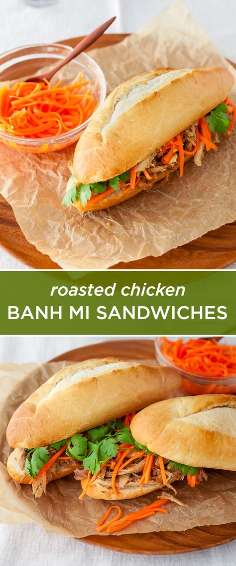 Banh Mi Sandwich Recipe, Chicken Banh Mi, Using Rotisserie Chicken, Sandwich Buffet, Banh Mi Recipe, Vietnamese Banh Mi, Banh Mi Sandwich, Gourmet Sandwiches, Pickled Carrots