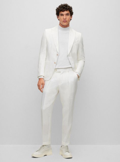 white suit, white turtleneck, and white sneakers Suit With Turtleneck Men, Suit With Turtleneck, White Vest Suit, White Blazers, Tan Sneakers, Tan T Shirt, Mens Fashion Blazer, White Suit, Slim Fit Jackets