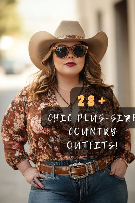 Need outfit inspiration for a country concert? 🌟👢 Click to find 28 plus-size outfits that will help you dress to impress. Discover your perfect concert look now! #CountryStyle #PlusSizeOutfits #ConcertFashion #DressToImpress #OutfitIdeas Country Western Outfits Plus Size, Plus Size Outfits With Hats, Mid Size Country Outfits, Diy Western Outfits Women, Stockyards Fort Worth Outfit Fall, Country Concert Outfit Winter Plus Size, Stagecoach Outfit Ideas Plus Size, Western Outfit Plus Size, Cowgirl Style Outfits Plus Size