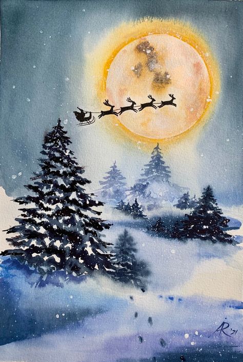 Santa Flies on Deers Over the Winter Forest Hand Painting - Etsy Ukraine Merry Christmas Drawing Art, Christmas Watercolor Paintings, Easy Christmas Paintings, Watercolor Art Christmas, Hirsch Silhouette, Simple Paintings, Forest Watercolor, Christmas Canvas Art, Painting References