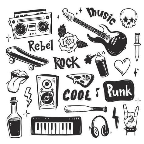 Punk Doodles, Punk Rock Tattoos, Rock And Roll Tattoo, Rock N Roll Tattoo, Rockstar Tattoo, Flash Art Tattoos, Poster Grafico, Music Doodle, Poster Rock