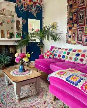 Coastal Townhouse, Crochet Bedroom, Moody Maximalism, Victorian Bohemian Decor, Vibrant Interior Design, Unique Home Office, Hot Pink Barbie, Pink Velvet Sofa, Dresser Lamps