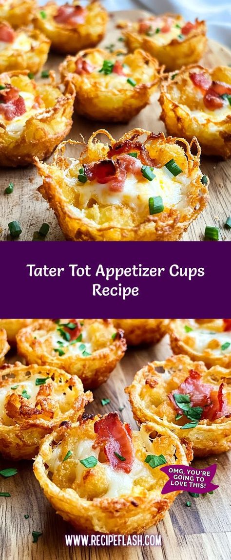 Craving a crowd-pleasing appetizer that’s both simple and satisfying? Tater Tot Appetizer Cups combine crispy tots with savory fillings for a delightful snack! Get inspired to whip up these tasty bites. Don’t forget to save this recipe for your next party or game day spread! Brunch Finger Foods, Tater Tot Appetizers, Easy Tater Tots, Appetizer Cups, Tater Tot Recipes, Unique Snacks, Classic Appetizers, Crowd Pleasing Appetizers, Appetizers Easy Finger Food