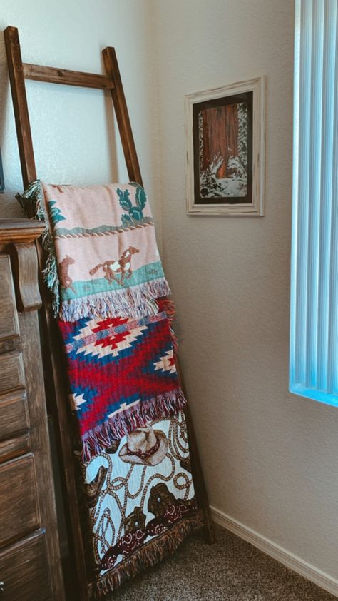 thrifted the cutest western woven blankets for my ladder ! Western Blanket Ladder, Blanket Ladder Ideas, Ladder Blanket Holder, Western Blanket, Western Blankets, Cowboy Nursery, Blanket Holder, Western Gothic, Farmhouse Blankets