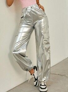 Rave Metallic Holographic Flap Pocket Side Drawstring Waist Wide Leg Cargo Parachute Pants | SHEIN USA Cargo Parachute Pants, Swishy Pants, Trouser Outfit, Stage Costume, Pants Outfit, Flap Pocket, Fashion Online Shop, Online Fashion, Drawstring Waist