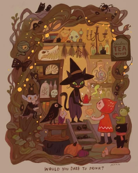 Titi, Toto and Cacti Agoo meet a mysterious tea house, the owner Mr. Shadow invites them to have a cup of tea, but would you dare to drink? #spooky #spookyseason #spookyart #hallowen #halloween🎃 #holidaydecor #halloweenart #spookycute #cute #spookypainting #spookyillustration #halloweencostume #halloweenspirit #spirit #illustration #blackcat #witch #witchy #witchaesthetic #witchvibes #tealovers #halloweencharacters Cute Witch Illustration, Autumn Character, Spirit Illustration, Witchy Illustration, Framed Illustration, Witch Cartoon, Witchcraft Art, Witch Drawing, Witch Candles