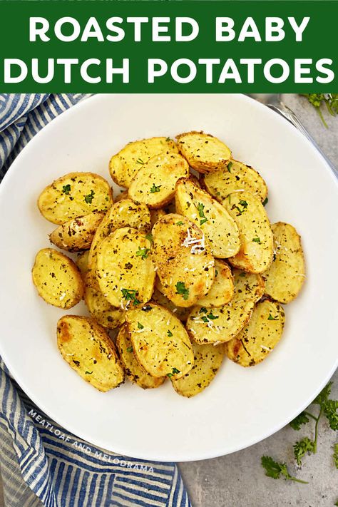 This Roasted Baby Dutch Potatoes recipe makes golden brown, fork tender potatoes with crispy skins. An easy side dish with minimal effort! Your whole family will love this delicious side dish, and it pairs perfectly with almost any main dish! via @meamel Dutch Yellow Baby Potatoes Recipe, Yellow Dutch Potatoes Recipes, Roasted Baby Dutch Yellow Potatoes, Baby Dutch Potatoes Recipes, Potatoes Recipes Oven, Dutch Potatoes Recipes, Yellow Potatoes Recipes Air Fryer, Baby Dutch Yellow Potatoes Recipes, Potatoes Recipes Air Fryer