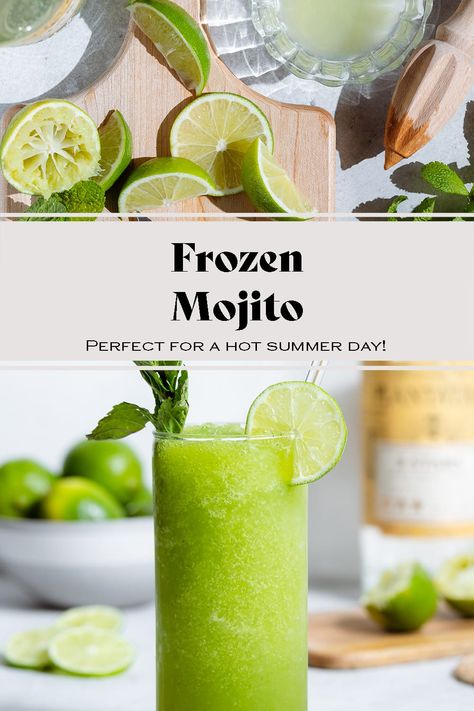 This blended Frozen Mojito is the perfect cocktail for a hot summer day! It comes together in minutes and it's naturally bright green! Turn this drink into a mocktail in one easy step! It's super easy to make - just throw everything into a blender with some ice and blend until frothy. It's like a fun mojito flavored slushy. PERFECT for a hot summer day by the pool! via @healthfulideas Summer Rum Cocktails, Frozen Mojito, Green Cocktails, List Of Appetizers, Frozen Drinks Alcohol, Green Alcohol, Frozen Cocktail, Frozen Cocktail Recipes, Mojito Mocktail