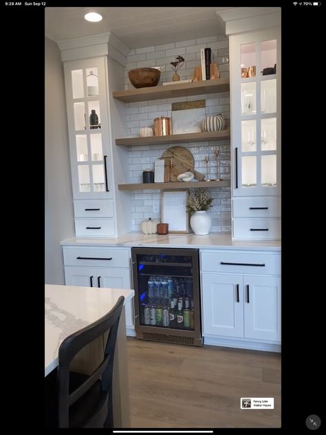 Kitchen Beverage Station Open Shelves, Built In Hutch Dining Room, Coffee Bar Built In, Built In Buffet Cabinet, Fridge Wall, Built In Buffet, Coffee Station Kitchen, Home Wet Bar, Beverage Station