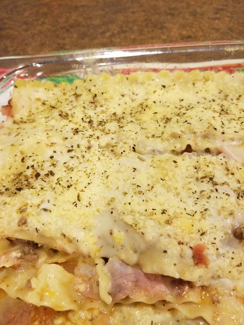 Brazilian Chicken Lasagna, Brazilian Lasagna, Ground Chicken Lasagna, Lasagna White Sauce, Brazil Recipes, White Lasagne, Lasagna With White Sauce, Homemade Takeout, Ham Slices