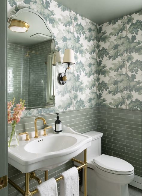 Wc Decoration, House Laundry Room, Sandberg Wallpaper, Fireclay Tile, Gold Fixtures, Shower Fixtures, Bathroom Renos, Laundry Room Design, White Wallpaper