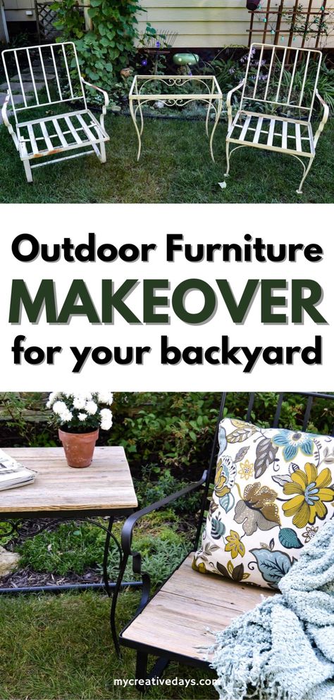 This easy DIY outdoor furniture makeover is the perfect cheap backyard idea and outdoor patio décor on a budget. In this DIY furniture tutorial, we’re sharing how to upcycle old patio chairs and table into a chic refurbished outdoor patio set. Upcycled Outdoor Furniture, Patio Set Makeover, Patio Chairs Makeover, Cheap Backyard Ideas, Diy Outdoor Patio, Outdoor Furniture Makeover, Metal Patio Chairs, Used Outdoor Furniture, Patio Furniture Makeover