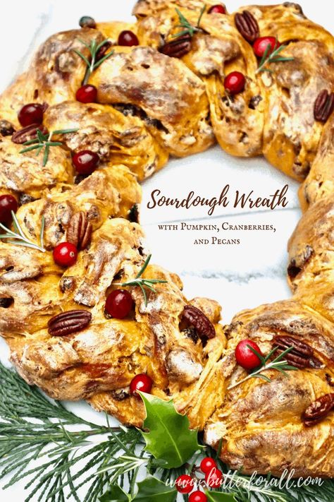 This festive wreath is made with a rich sweet sourdough infused with real pumpkin or winter squash puree and studded with plump dried cranberries and crunchy pecans. The dough is braided and shaped into a beautiful wreath that makes a stunning centerpiece for your winter table. #yule #winter #Christmas #sourdough #solstice #bread #wreath #braid #pumpkin #wintersquash #cranberry #pecan #festive #starter #holiday #party #food #realfood #fermented #sunbread Wreath Bread, Raw Dairy, Bread Wreath, Traditional Cooking, Leftover Bread, Sweet Dough, Baking Stone, Crunchy Pecans, Pastry Flour