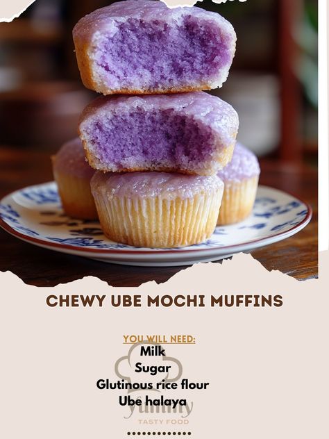 🧁💜 Chewy Ube Mochi Muffins—Soft, chewy muffins with a sweet ube flavor. A delightful treat for ube lovers! 💜🍰 #UbeMochi #FilipinoDesserts Chewy Ube Mochi Muffins Ingredients: Ube halaya (1/2 cup) Glutinous rice flour (1 cup) Sugar (1/2 cup) Milk (1/2 cup) Baking powder (1 tsp) Eggs (2) Butter (2 tbsp, melted) Instructions: Preheat oven to 350°F (175°C). Grease muffin tin. Mix glutinous rice flour, sugar, and baking powder. Add ube halaya, milk, eggs, and melted butter; mix well. Pour into... Ube Crinkle Cookies Recipe, Ube Rice Crispy Treats, Ube Butter Mochi Recipe, Ube Crinkles Cookies Recipe, Ube Mochi Recipe, Mochi Muffin Recipe, Ube Cookies, Mochi Muffins, Ube Mochi