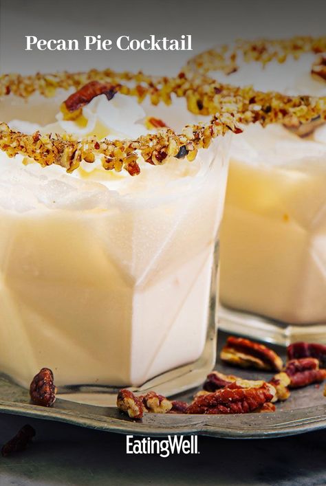 If you like pecan pie, you're sure to love this sweet and nutty cocktail for two. Maple syrup and crushed pecans line the rim of the glass, while bourbon and maple-pecan-flavored liqueur sweeten things up. Try this fun and festive drink on Thanksgiving as a before- or after-dinner treat. #healthyeating #healthyfoods #healthylifestyle #healthyrecipes Pecan Pie Cocktail, Thanks Giving Food Ideas, Whiskey Mixed Drinks, Apple Pie Cocktail, Liqueur Cocktails, Maple Pecan Pie, Packable Lunches, Bourbon Cream, Vegetarian Nutrition