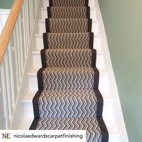 This superb Stair runner is made using our Deco ZigZag in colour 'Earth', complete with a custom black edging for a sleek finish #carpet #flooring #decor #home #stairrunner #carpetideas #homestyle White Hallways, Fibre Flooring, Stairs Carpet Runner, Dark Stairs, Dark Staircase, Home Salon Ideas, Stairs And Hallway Ideas, Black Staircase, Stairs Carpet