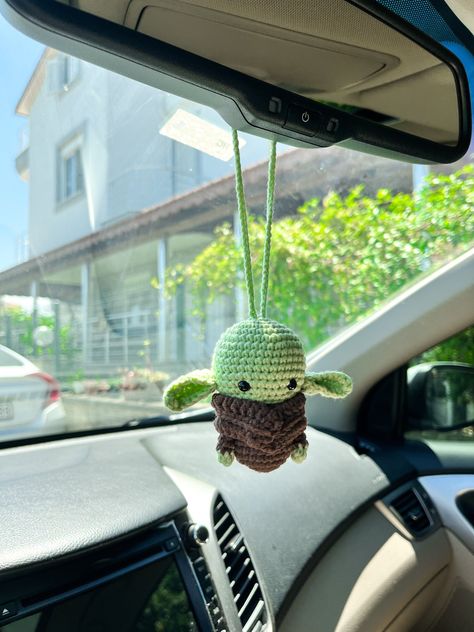 Yoda Mirror Hanging Car Accessories, Cute Crochet Car Charm, Boy Friend Gift Ideas Crochet Car Mirror Hanging, Crochet Car Charm, Mario Crochet, Friend Gift Ideas, Retro Crochet, Crochet Car, Car Hangers, Rear View Mirror Decor, Boy Car