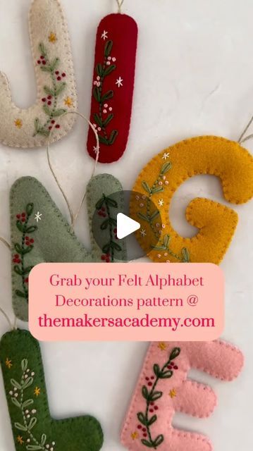 Julie Stuart ⋒ on Instagram: "We’ve combined stitching and felt decorations in our December member’s pattern Felt Alphabet Decorations by the incredibly talented Jess of @otterbeestitching! 

We are in love with Jess’s cute and cozy embroidered felt creations and are excited for our members to try something a little different by combining felt and embroidery to create something super magical for Christmas. These alphabet letters can be stitched up to represent different members of your family and be brought out year after year to celebrate Christmas. They would also make amazing Christmas gifts for friends and family! 🎊

This pattern is only available in our Maker’s Academy: themakersacademy.com 😊

#embroidery #modernembroidery #DIY #christmasdecorations #christmas" Felt Letter Template Free Printable, Diy Felt Letters, Diy Felt Stocking, Diy Stocking Name Tags, Felt Letter Ornaments, Felt Embroidery Projects, Free Felt Patterns, Felt Alphabet Letters, Alphabet Ornaments