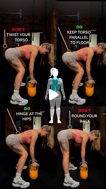 Women Fitness | Motivation | Tips on Instagram: "Perform Gorilla Rows with kettlebells to challenge and engage stabilizing muscles effectively ⬇️

1️⃣ Place two kettlebells slightly wider than shoulder-width apart.

2️⃣ Stand between the kettlebells with feet shoulder-width apart, hinge at hips, and bend knees slightly.

3️⃣ Grasp kettlebell handles with palms facing each other, arms fully extended.

4️⃣ Execution:

- Brace the core to stabilize and keep back flat.

- Row one kettlebell towards the hip, elbow close to the body, squeezing back muscles.

- Lower the kettlebell and row with the opposite arm smoothly.

- Keep the torso stable, chest parallel to the floor.

5️⃣ Breathe in on the way down, exhale while rowing.

6️⃣ Alternate rows for desired reps, keeping movements controlled an Kettlebell Row, Gorilla Rows, Kettlebell Workout Video, Kettlebell Snatch, Kettlebell Training, Workout Motivation Women, Kettlebell Workout, Back Muscles, Back Exercises